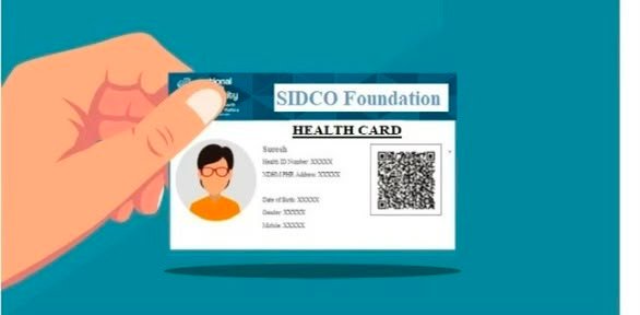 A hand holding a SIDCO Foundation Health Card showing a sample photo, health ID number, VHID or PHR address, date of birth, gender, mobile number and a QR code.